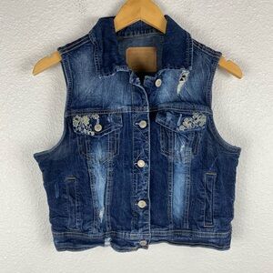 Amethyst Jeans distressed denim vest with embroidered floral details XL